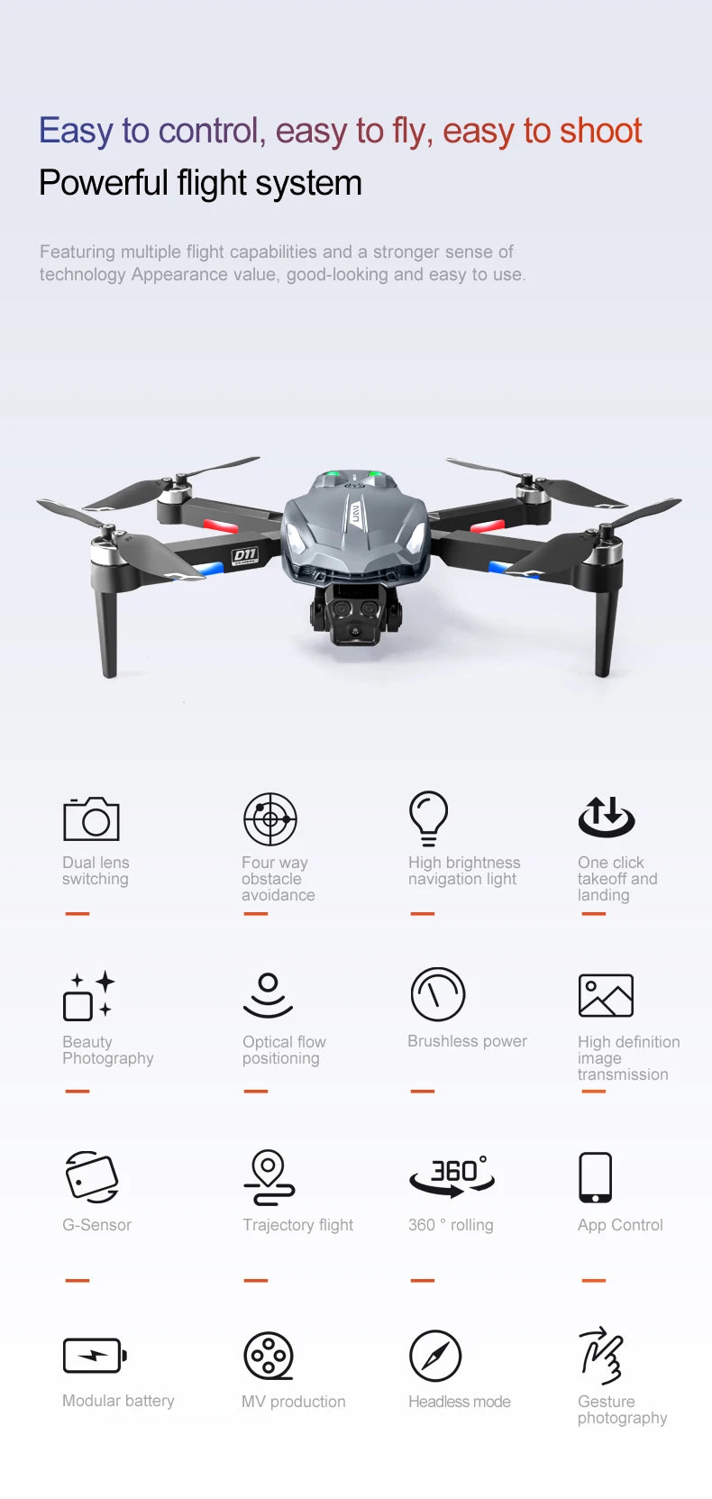 D11 Drone, Drone features multiple flight modes, advanced tech, dual lens, obstacle navigation, high-def photography, and app control for easy operation.