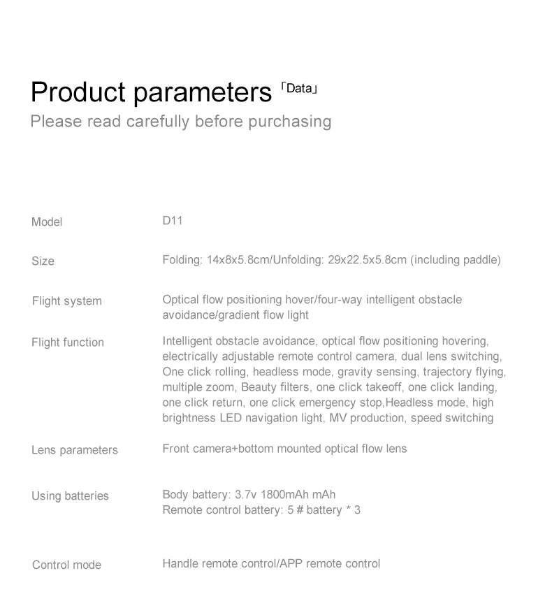 D11 Drone features include folding design, optical flow positioning, obstacle avoidance, camera with zoom and filters, and various flight modes.