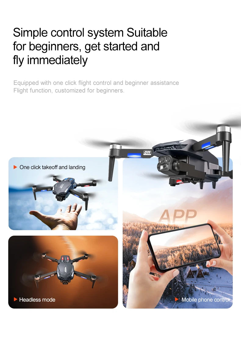 D11 Drone, This drone is suitable for beginners, featuring one-click takeoff/landing, headless mode, and mobile phone control for easy flying.