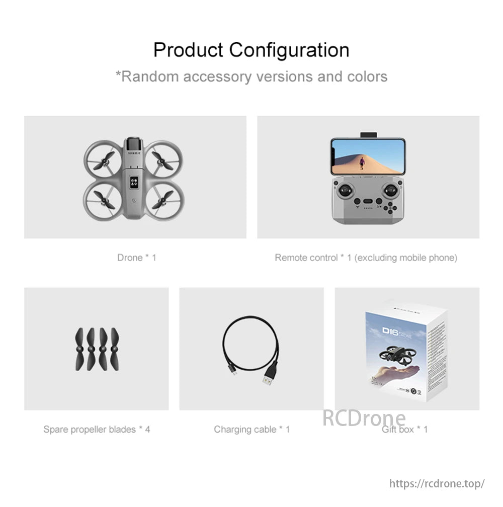 D16 Mini Drone, Product configuration includes drone, remote control, spare blades, cable, gift box.