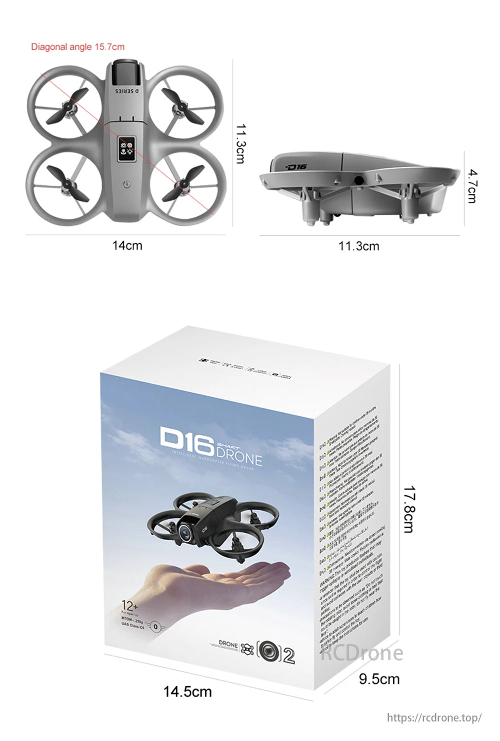 D16 Mini Drone, D16 Smart Drone, 14x11.3x4.7 cm, packaged at 14.5x9.5x17.8 cm, for ages 12+, with intelligent quadcopter technology.