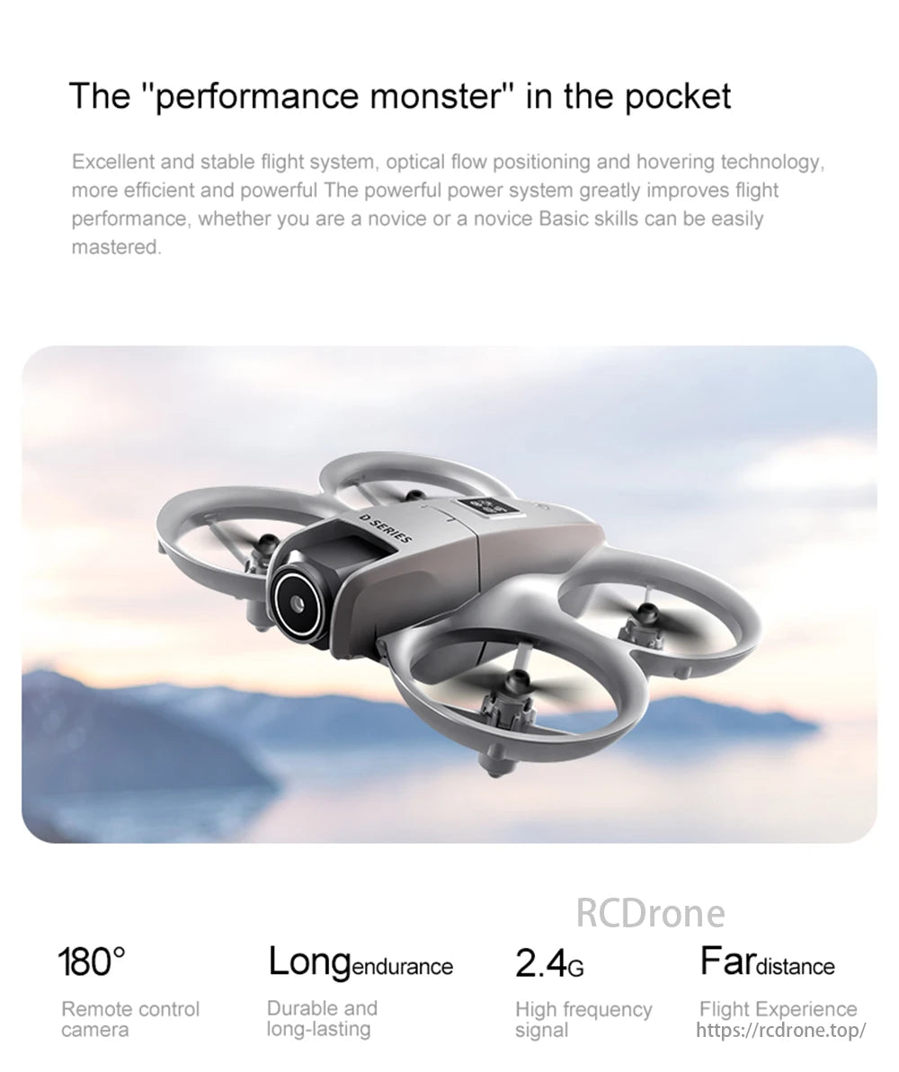 D16 Mini Drone, High-performance drone with optical flow, 180° camera, long endurance, and 2.4G signal for distant flights.