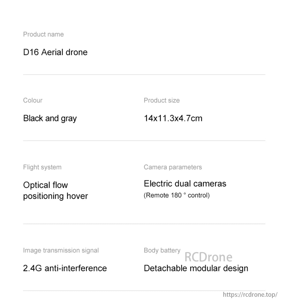 D16 Mini Drone, D16 Aerial Drone features black/gray design, compact size, optical flow positioning, dual cameras, anti-interference, and detachable modular design.