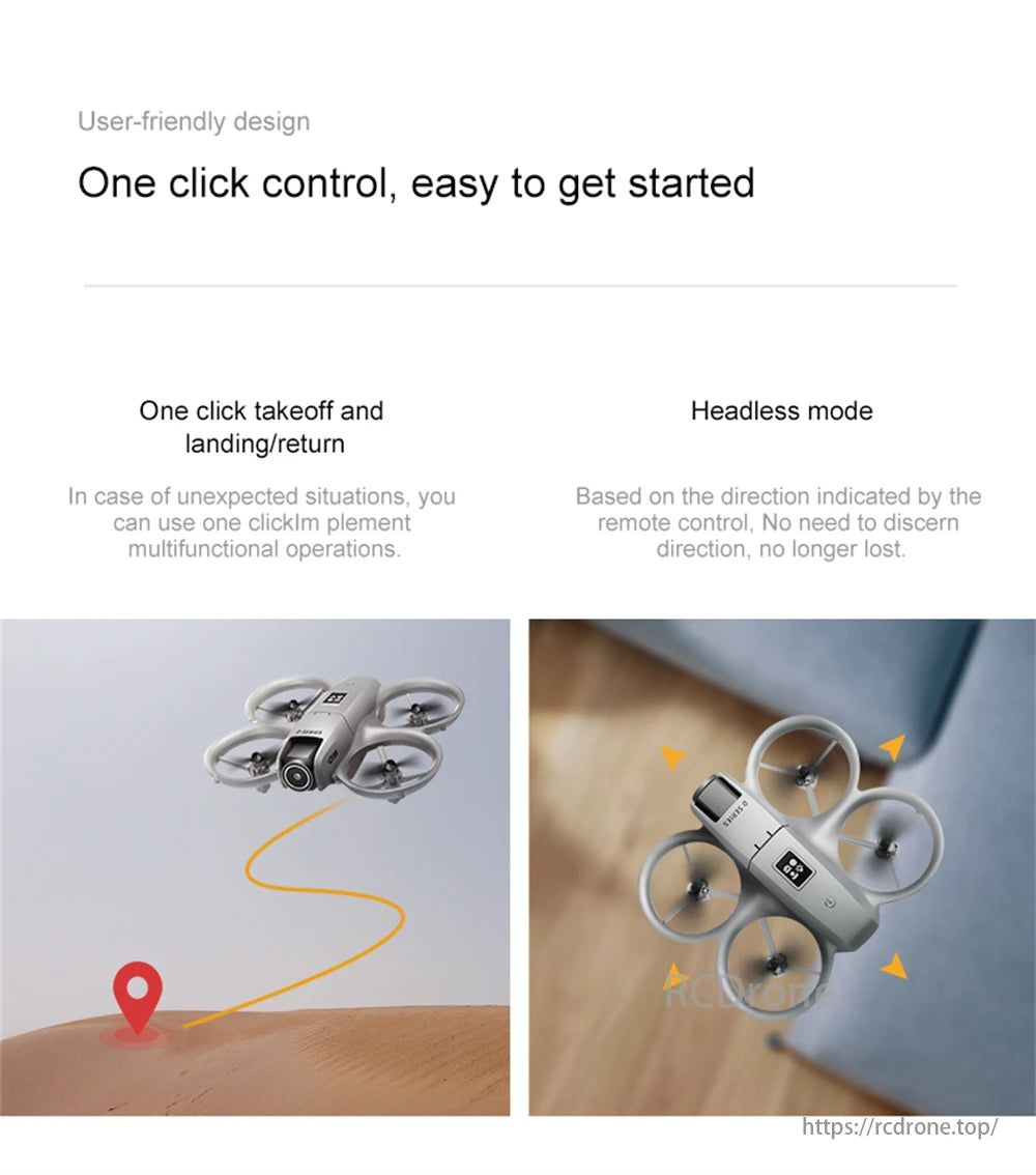 D16 Mini Drone, One-click control for takeoff, landing, return, and headless mode simplifies drone operation.
