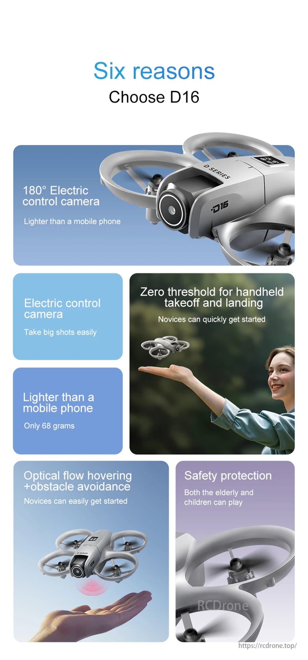D16 Mini Drone, D16 features: 180° camera, lightweight, easy takeoff/landing, optical flow hovering, obstacle avoidance, and safety for all ages.