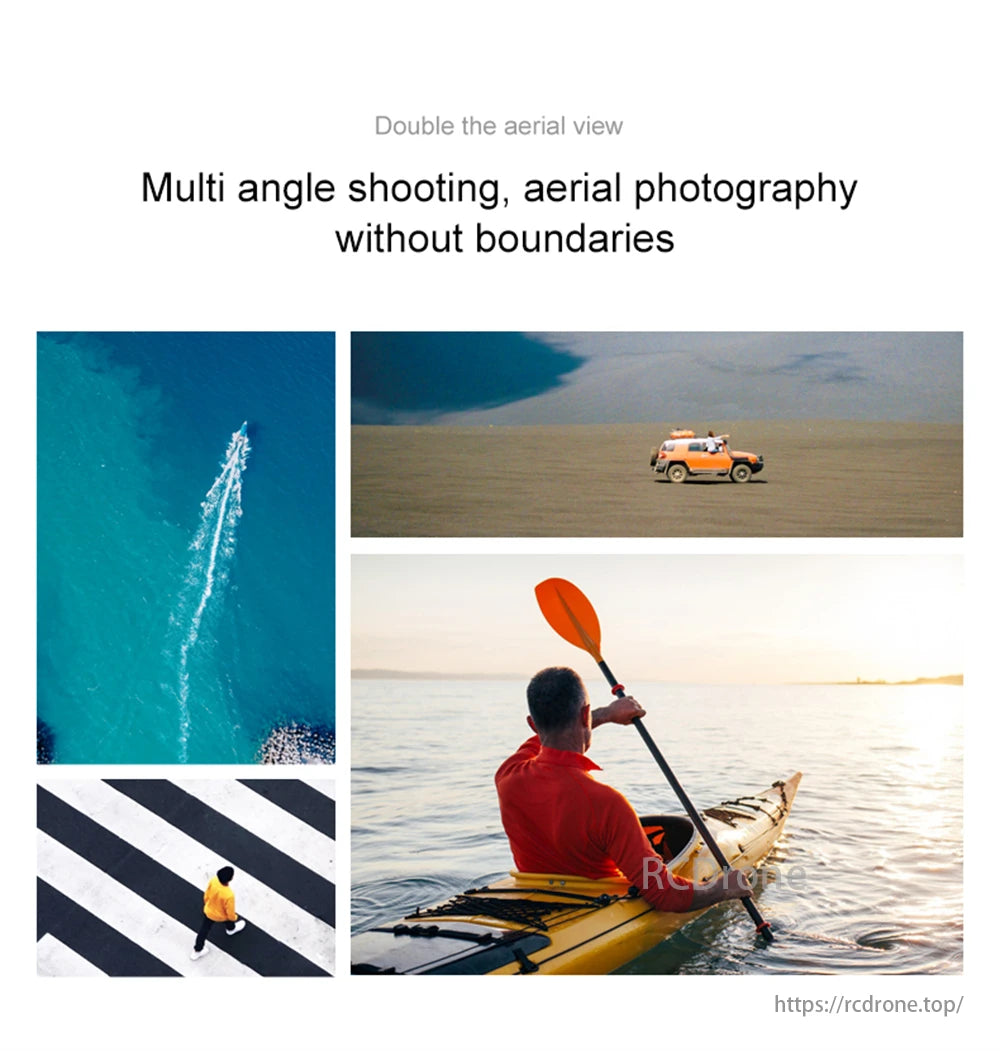 D16 Mini Drone, Double aerial view. Multi-angle shooting, boundary-free aerial photography showcased.