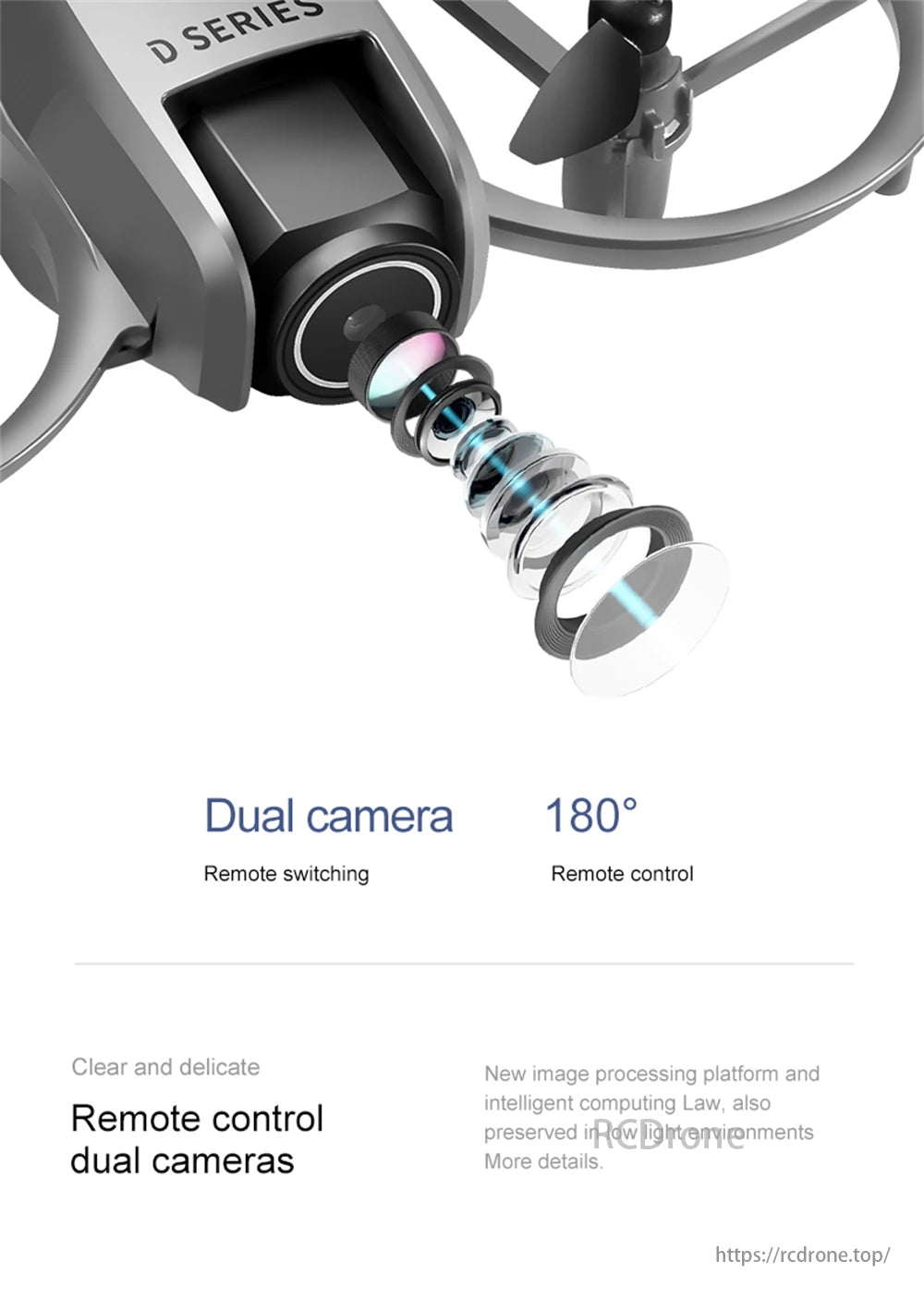 D16 Mini Drone, D Series dual camera with 180° remote control and switching.