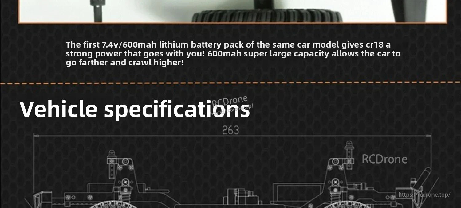 D1RC 1/18 2.4G Mini Off‑Road Rock Crawler RC Car, A 7.4V/600mAh lithium battery provides extended range and improved climbing performance for the D1RC 1/18 RC crawler.
