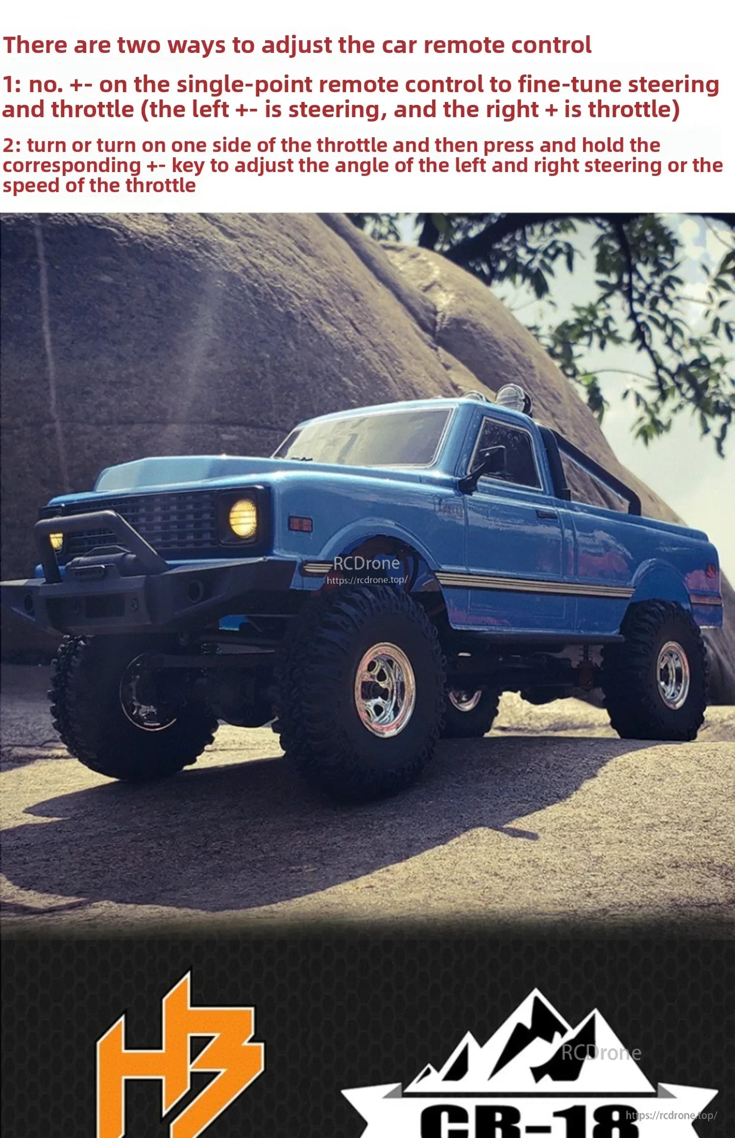 D1RC 1/18 2.4G Mini Off‑Road Rock Crawler RC Car, The D1RC 1/18 RC car features dual control modes: precise steering/throttle with ++ keys or adjustable angle/speed by turning throttle while holding ++ keys.