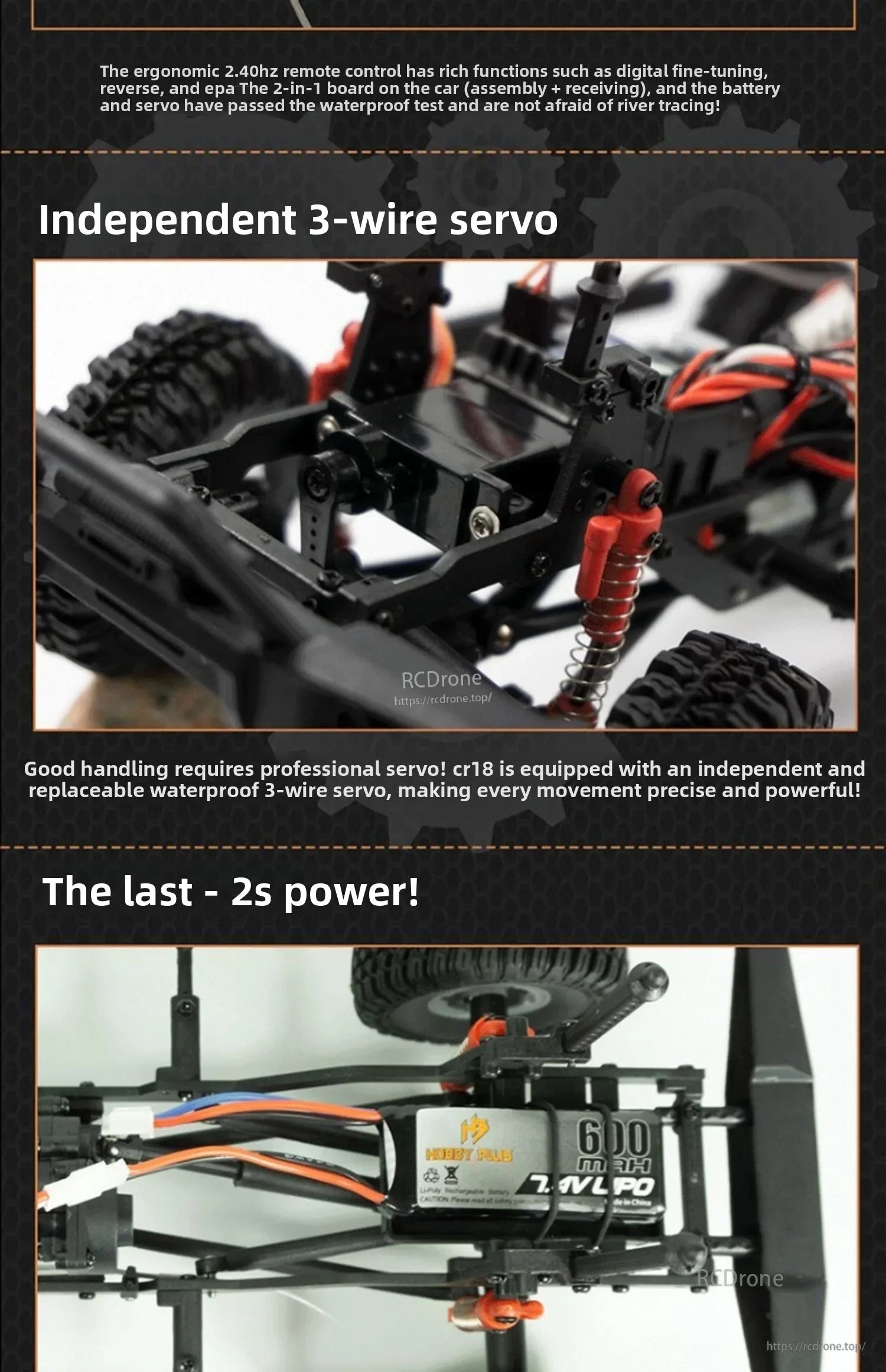 D1RC 1/18 2.4G Mini Off‑Road Rock Crawler RC Car, Ergonomic 2.4GHz remote with digital tuning, reverse, EPA, waterproof servo, and 600mAh battery for precise, powerful control.