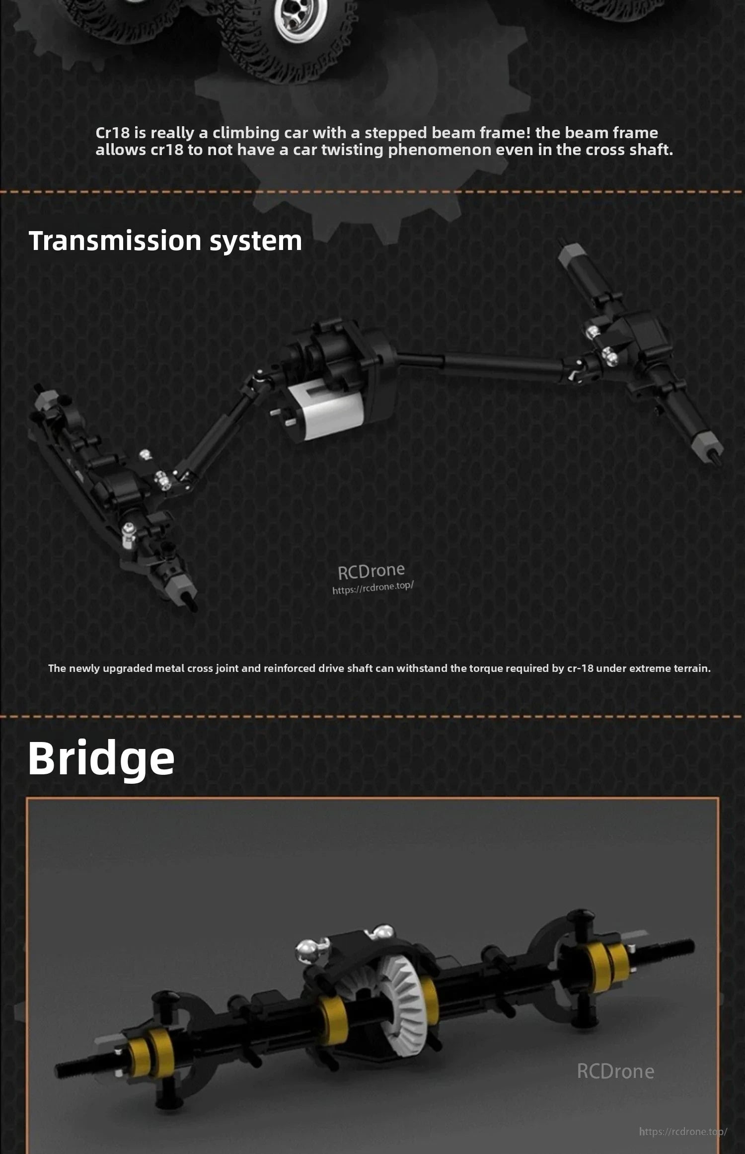 D1RC 1/18 2.4G Mini Off‑Road Rock Crawler RC Car, CR18 climbing car features a stepped beam frame, durable transmission, and enhanced metal cross joint for superior performance on extreme terrain.