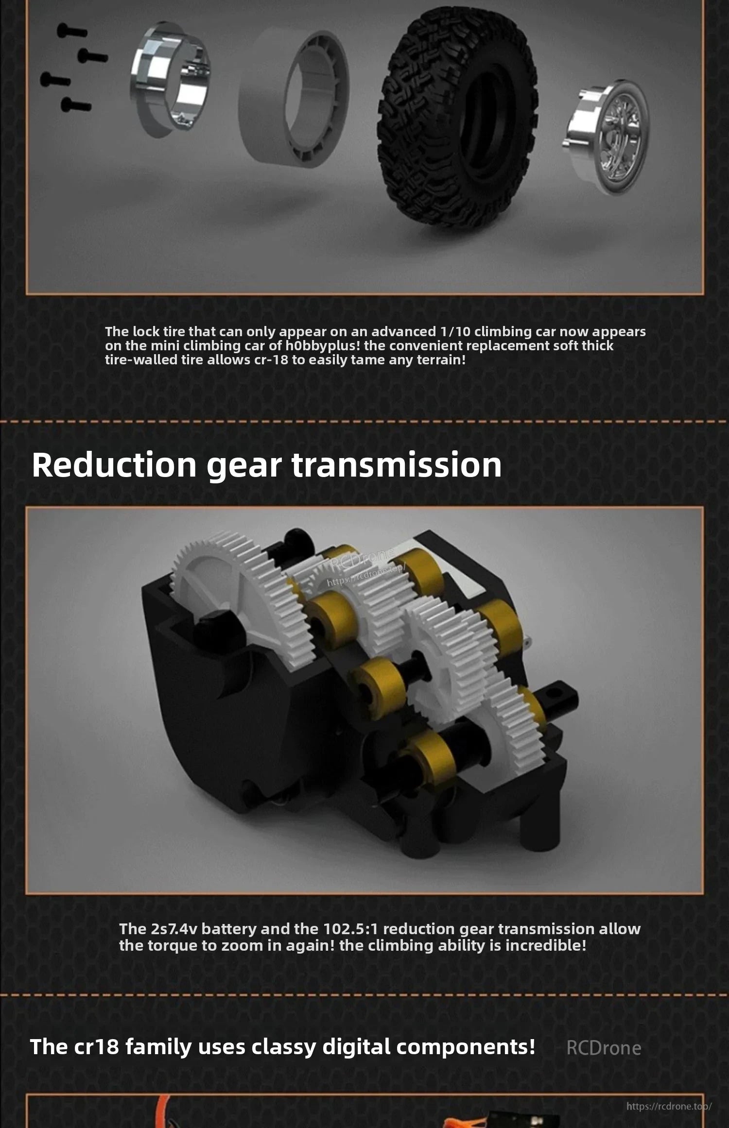 D1RC 1/18 2.4G Mini Off‑Road Rock Crawler RC Car, CR18 features lock tires, soft thick walls, 102.5:1 gear reduction, 2S battery for high torque, and digital components for superior off-road performance.