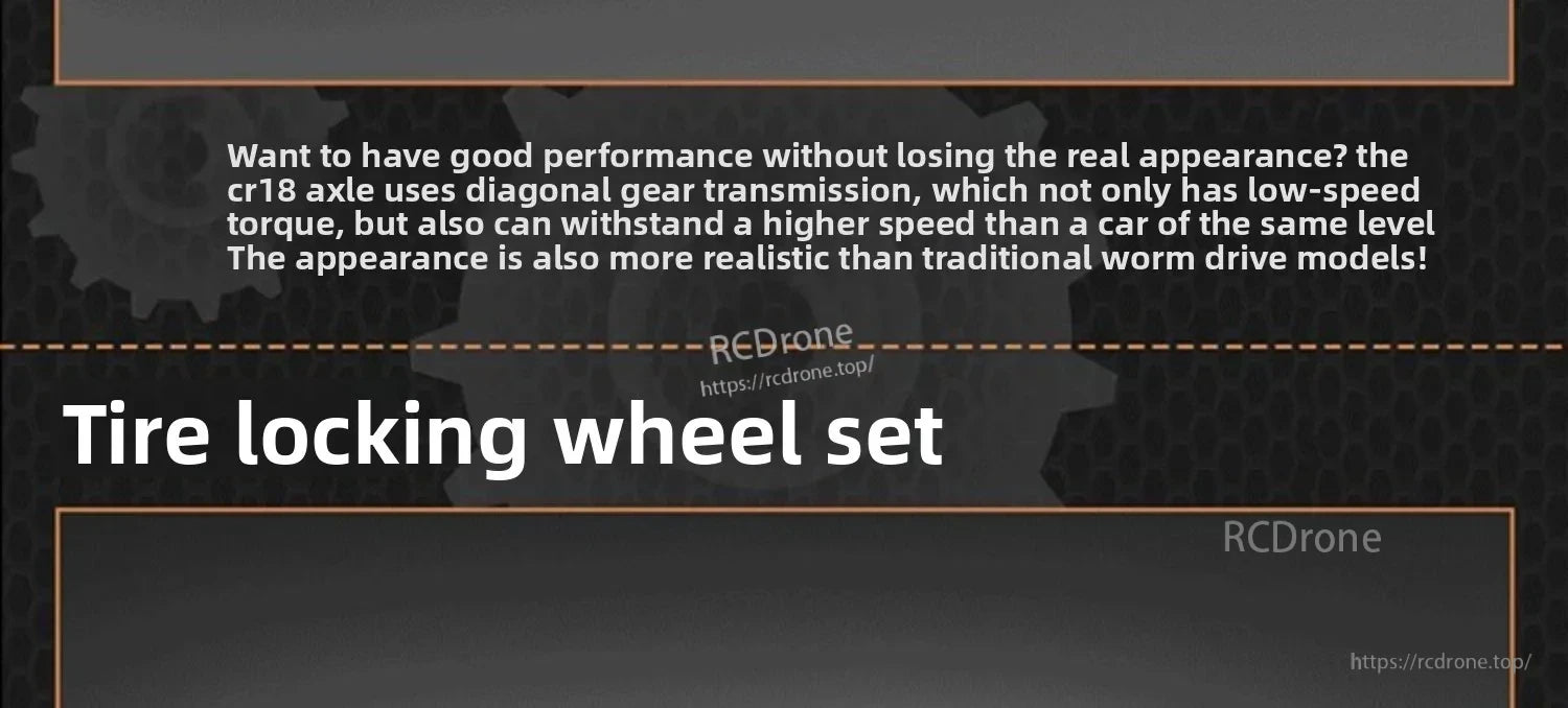 D1RC 1/18 2.4G Mini Off‑Road Rock Crawler RC Car, CR18 axle features diagonal gear transmission for high torque and speed, realistic appearance, and includes a tire locking wheel set.