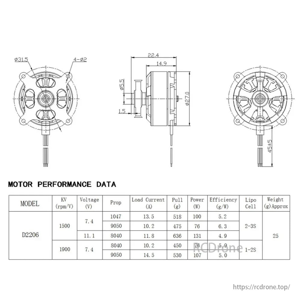 D2206 1500KV brushless motor for RC aircraft, weighing 25g, supports 2-3S LiPo, with detailed specs for optimal performance in various applications.
