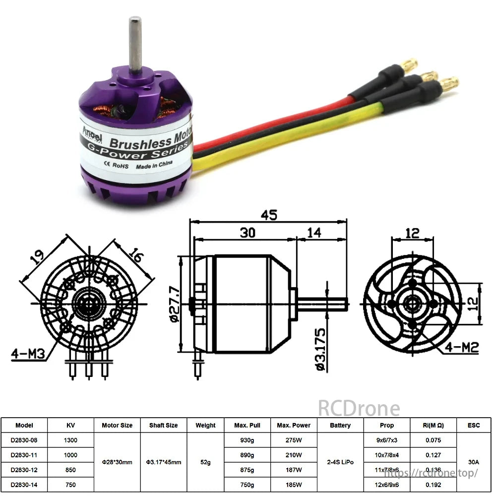 D2830 28 × 30 mm Brushless Motor, D2830 brushless motor, G-Power series, 45x30x14 mm, 52g, KV 1300/1000/850/750, max power 275W/210W/187W/185W, 2-4S LiPo, 30A ESC.