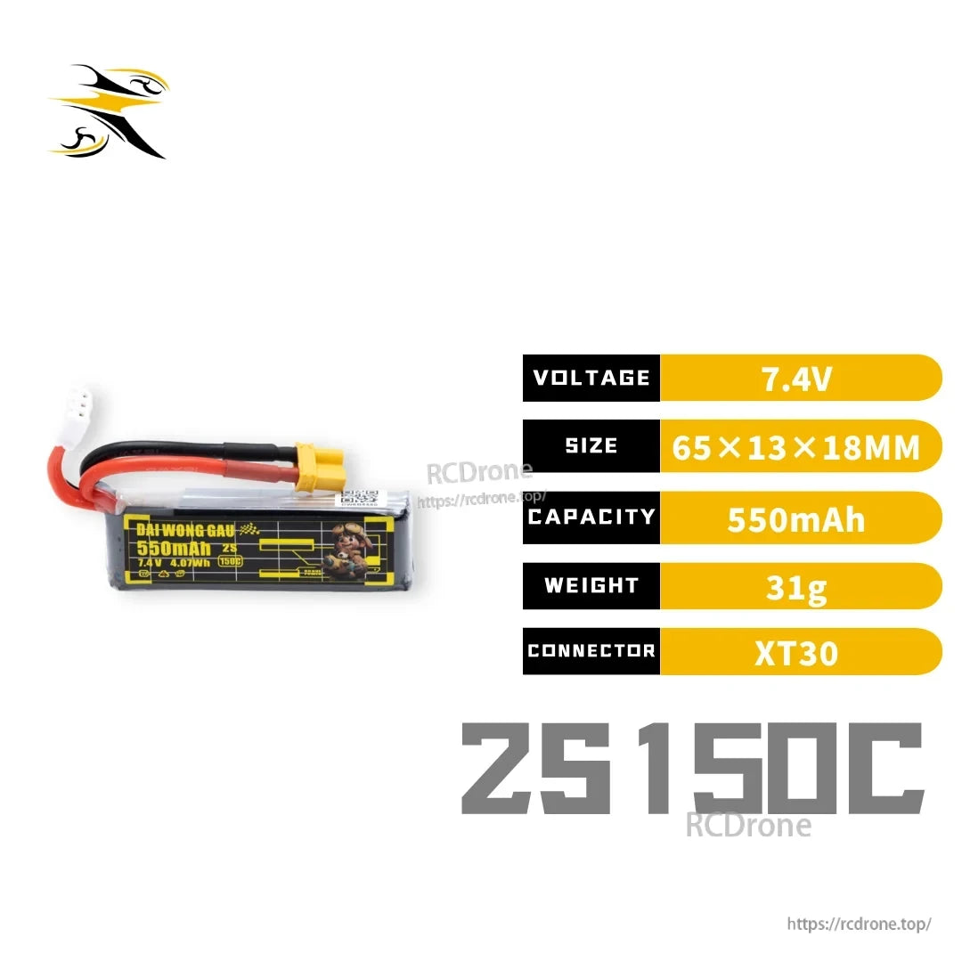 DAI WONG GAU 7.4V 2S 550mAh 150C LiPo battery with XT30 connector and listed specifications