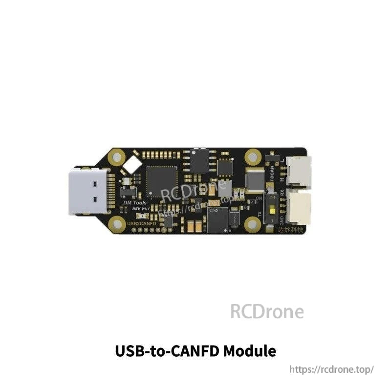 USB-to-CANFD module board close-up showing USB plug, components, and connector ports on one end