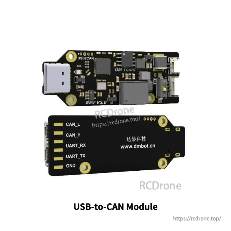 USB-to-CAN module board, top and bottom views with labeled CAN_L, CAN_H, UART_RX, UART_TX, GND pads