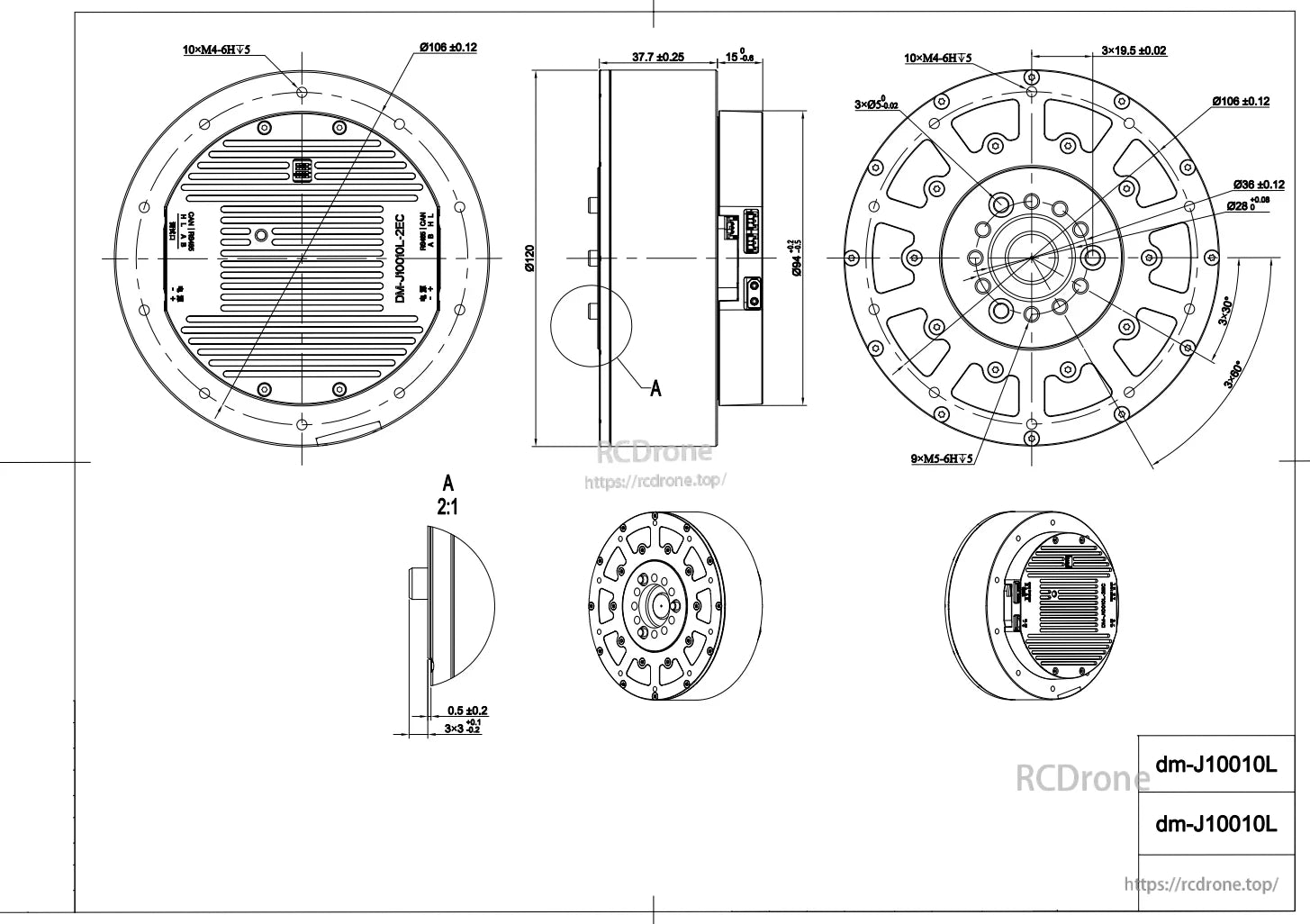 Motor de robot DAMIAO DM-J10010L-2EC: diámetro de 106 mm, altura de 37.7 mm, eje de 20 mm, 10×M4 y 9×M5 hilos; dimensiones precisas para un ensamblaje exacto.