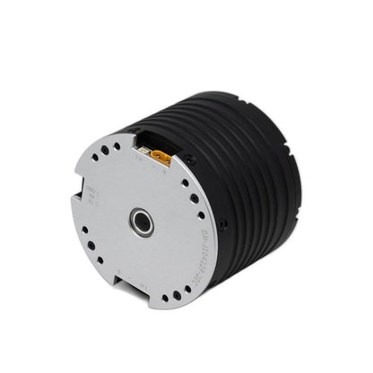 Angled view of motor front plate with center bore, mounting holes, and recessed connector port