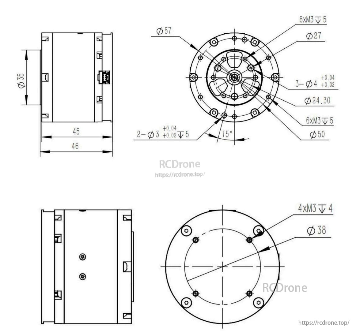 Спецификации моторa DAMIAO DM-J4310-2EC, размеры и механические чертежи предоставлены для технической справки и интеграционных целей.