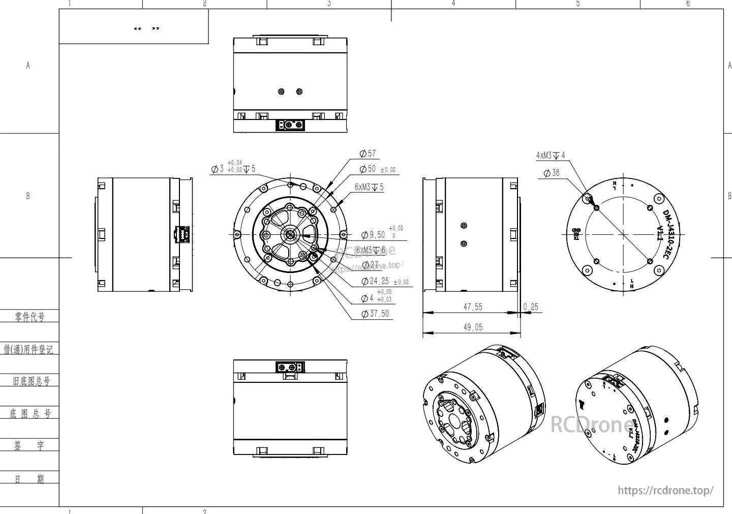 الرسم الفني لمحرك الروبوت DAMIAO DM-J4310P-2EC، بما في ذلك الأبعاد، والوجهات، والمواصفات للتصميم الميكانيكي والتصنيع.