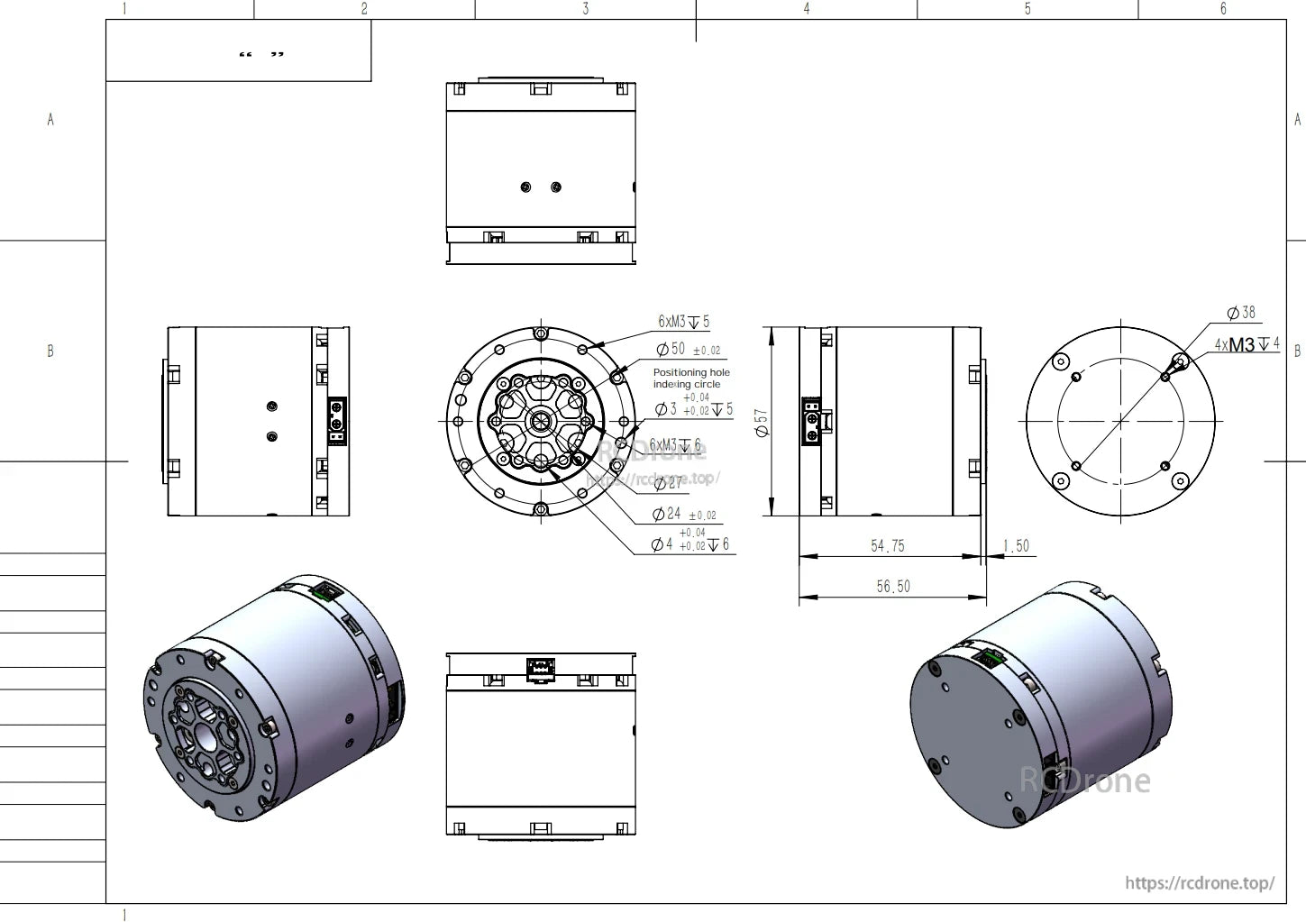 Технический чертеж мотора робота DAMIAO DM-J4340P-2EC, включая размеры и спецификации для точного инженерного использования.