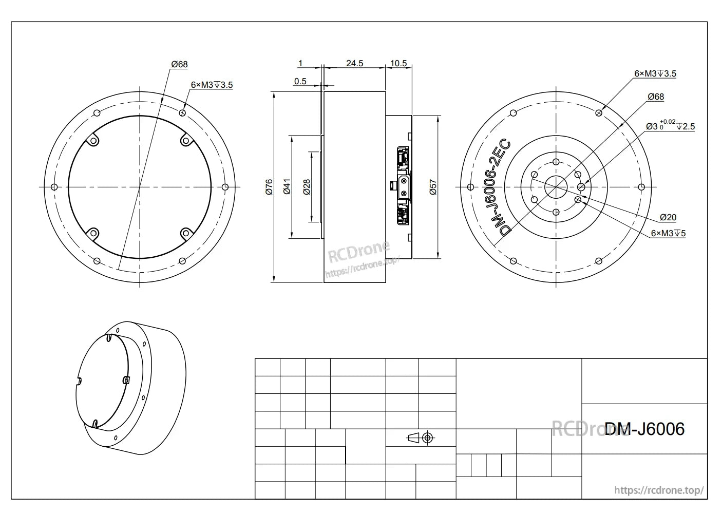DAMIAO DM-J6006 2EC रोबोट मोटर, DM-J6006 2EC रोबोट मोटर तकनीकी चित्र आयामों और विनिर्देशों के साथ।