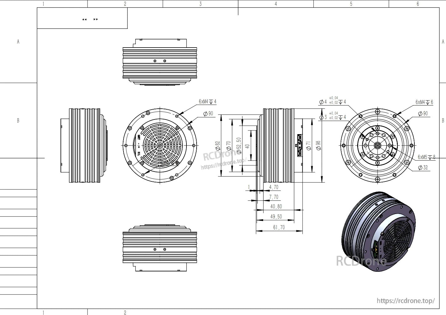 DAMIAO DM-J8009P-2EC Moteur de Robot, dessin technique du moteur de robot avec dimensions et spécifications.