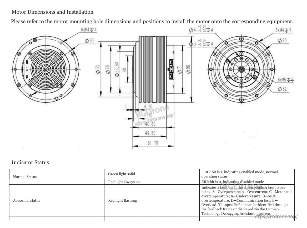 Moteur Robot DAMIAO DM-J8009P-2EC, les spécifications du moteur incluent des détails de montage et des indicateurs : vert solide (normal), rouge clignotant (anormal). Codes d'erreur visibles via l'interface de débogage.