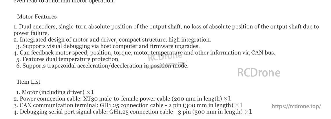 موتور ربات DAMIAO DM-J8009P-2EC، موتور دو انکودر با بازخورد CAN، حفاظت دما، کنترل ذوزنقه‌ای و کابل‌های شامل برای برق، ارتباط و اشکال‌زدایی.