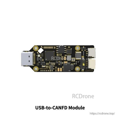 USB-to-CANFD module board with USB plug and connector ports, DM Tools interface