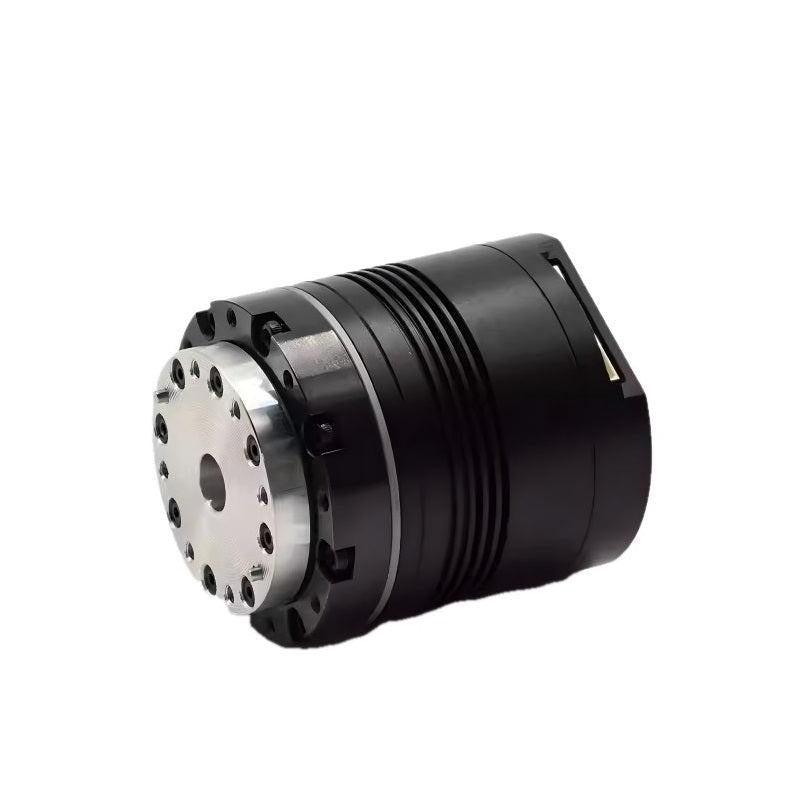 Integrated harmonic drive joint module angled side view showing finned housing and output flange