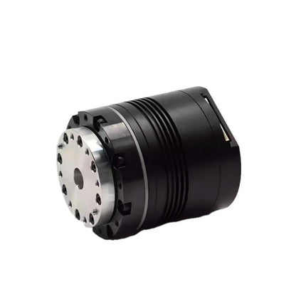 Integrated harmonic drive joint module angled side view showing finned housing and output flange