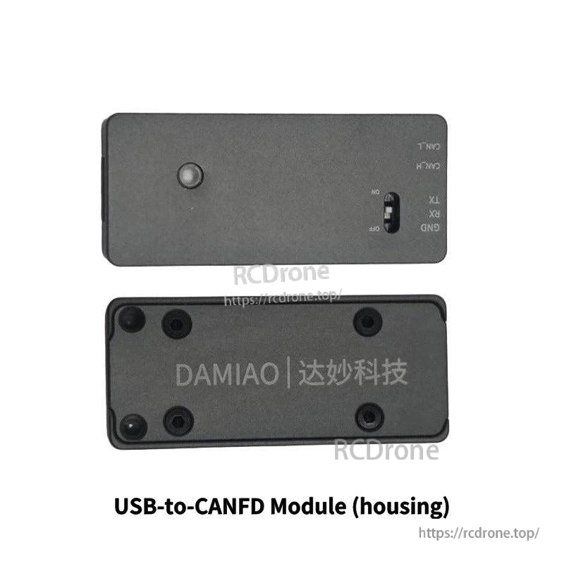 USB-to-CANFD module housing, top and bottom enclosure views with switch opening