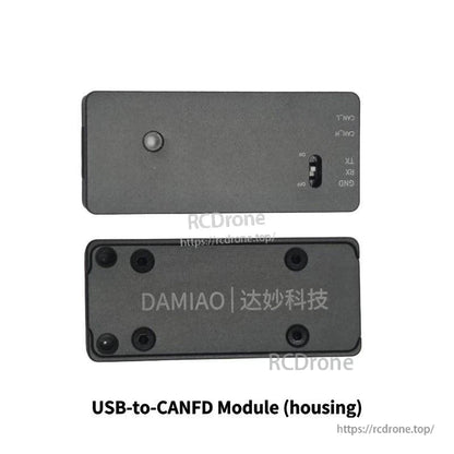 USB-to-CANFD module housing, top and bottom enclosure views with switch opening
