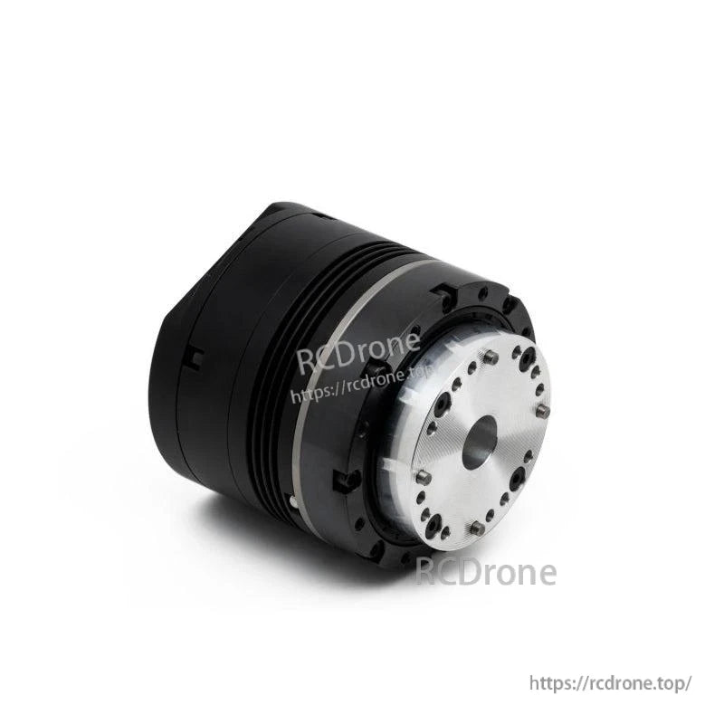 Front angled view of motor showing silver mounting flange, bolt pattern, and black housing