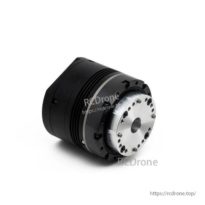 Front angled view of motor showing silver mounting flange, bolt pattern, and black housing