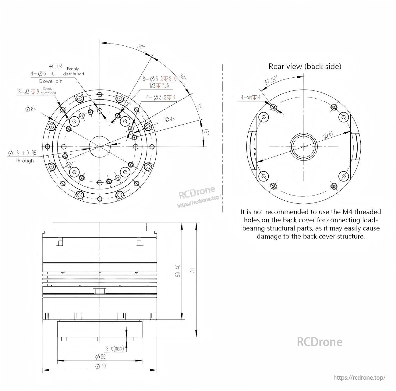 DAMIAO DM-JH14-2EC geared motor dimension drawing with mounting hole pattern and rear view (Ø70 mm class)