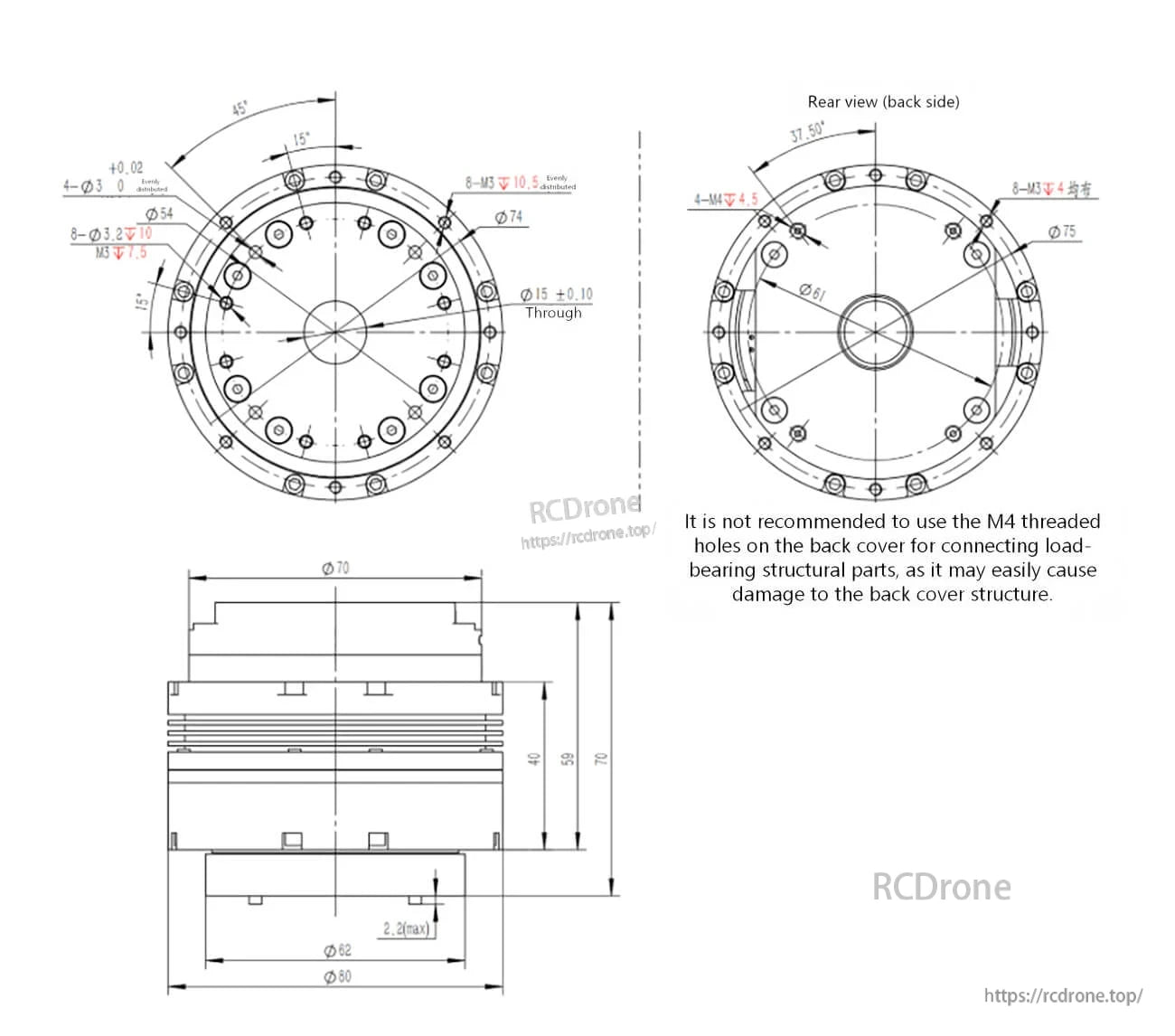 DM-JH17-2EC motor mechanical drawing with front/rear views, mounting hole pattern, and key dimensions
