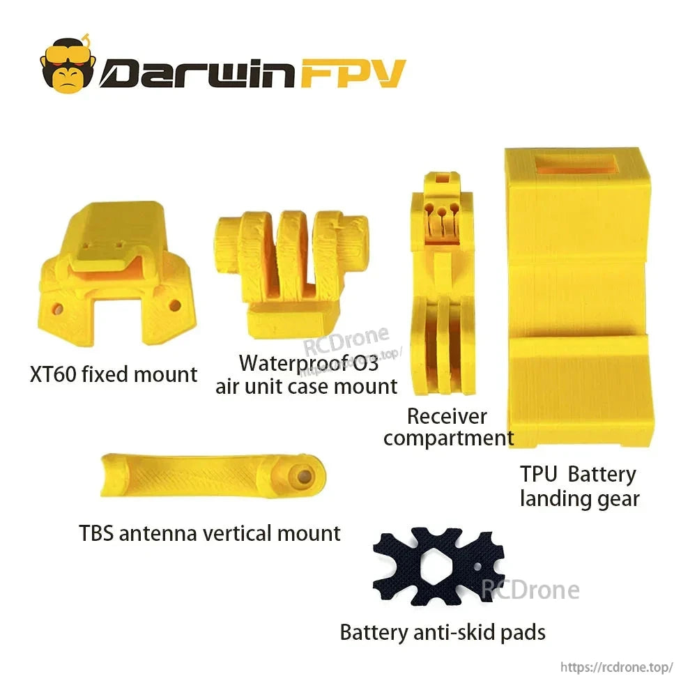 Labeled package contents graphic showing TPU mounts, receiver compartment, and battery pads