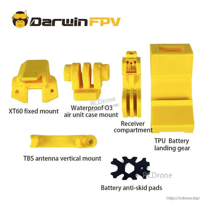 Labeled package contents graphic showing TPU mounts, receiver compartment, and battery pads