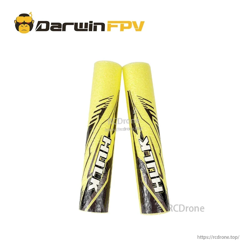 Pair of yellow foam float tubes with HULK graphics for waterproof FPV drone frame