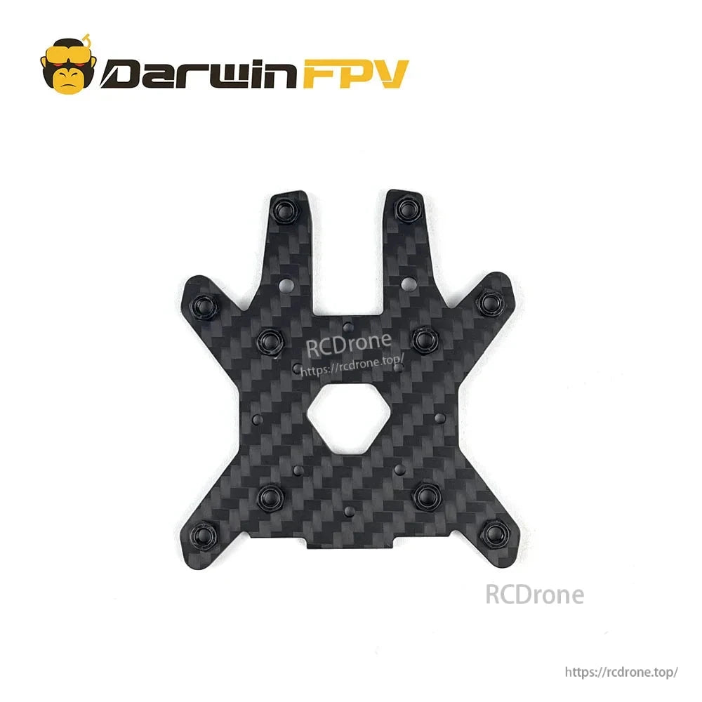 Carbon fiber bottom plate with multiple standoff holes and center cutout for frame assembly