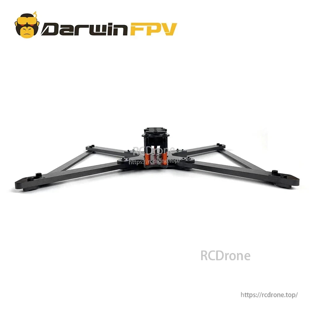 Low rear angle of assembled carbon fiber quadcopter frame showing center stack standoffs