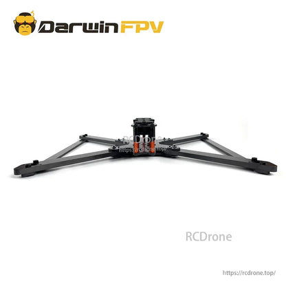 Low rear angle of assembled carbon fiber quadcopter frame showing center stack standoffs