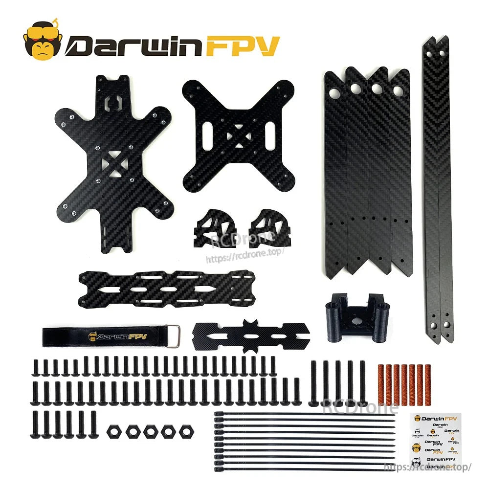 DARWIN X9 Quadcopter FPV Frame kit layout with carbon fiber plates, 9-inch arms, hardware and TPU parts