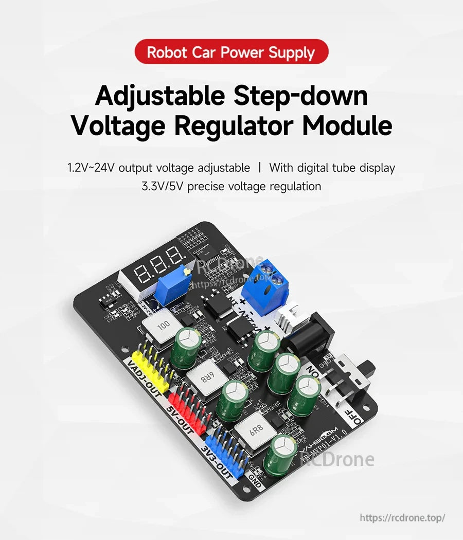 Yahboom YB-MVP01-V1.0 DC-DC step-down regulator module with adjustable 1.2–24V plus 5V/3.3V outputs