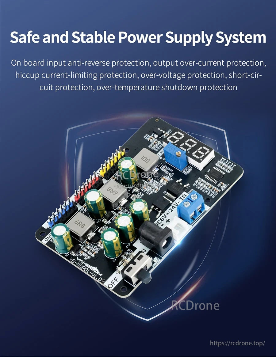 Protection feature graphic for the DC-DC regulator module highlighting reverse polarity and over-current protection