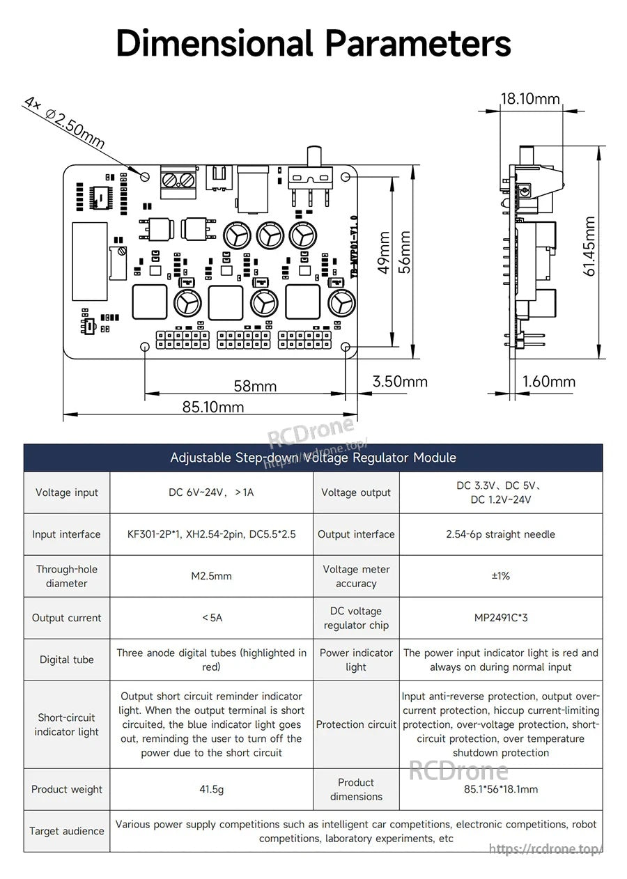 Dimension drawing and parameter table for the adjustable step-down voltage regulator module with connector callouts